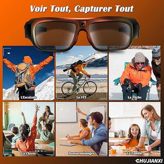 Lunettes avec Caméra 4K, 2025 Nouvelles Lunettes Camera de Sport pour l'extérieur, Lunettes de Soleil Vidéo avec Protection UV400, Support Photo/Vidéo, Opération à une Touche